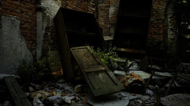 Dim ruined cellar with broken doors and rubble, damp brick walls, mossy timbers and deep shadows creating eerie atmosphere for urban exploration, decay study