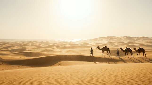 silhouette  people leading a camel in the desert