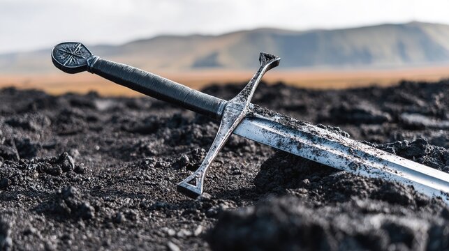 greatsword. Medieval greatsword thrust into scorched earth on battlefield. event programs, museum guides, designed for cultural heritage projects and event programs, elevates cultural identity.