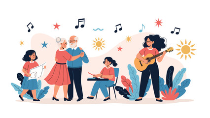 Fototapeta premium Delightful multi-generational family enjoys various musical activities together, with grandparents dancing and children playing instruments and drawing.