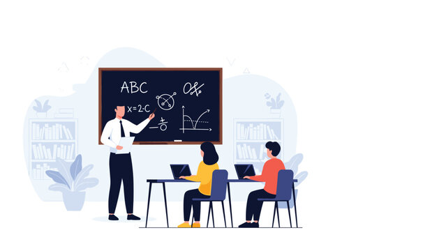 Male teacher explains complex math concepts on a blackboard to two focused students diligently working on their laptops in a classroom.