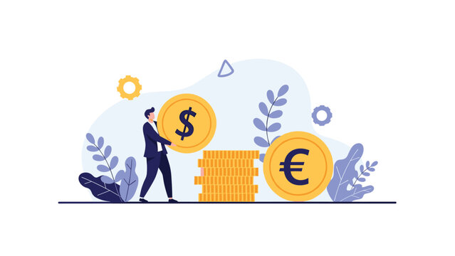 Businessman standing with a large dollar coin and a stack of gold euro coins, representing currency exchange, international finance, and global investment strategies.