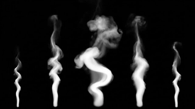 Smoke trails rise upwards in darkness forming wavy patterns