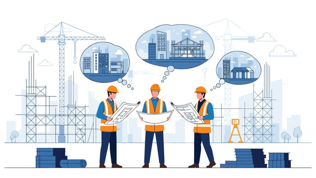 Three construction workers in hard hats and vests review blueprints at a building site, with thought bubbles showing different architectural plans and a cityscape background.