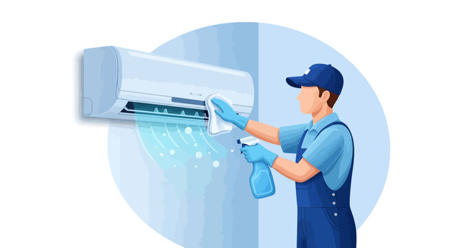An air conditioning technician in a blue uniform cleaning an air conditioner unit with a spray bottle and cloth, with a world of maintenance and repair service in the background, in a