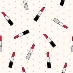 Obraz premium Vector seamless pattern with scattered red lipsticks on dotted beige background.
