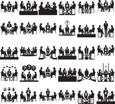 HR interview panel with candidate standing for job discussion silhouette set