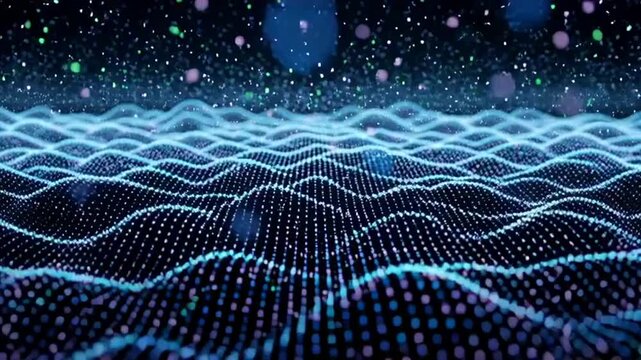 Futuristic digital wave pattern with glowing blue lines on a dark background