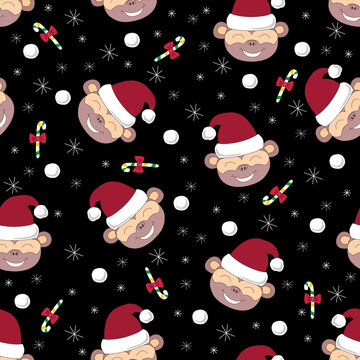 Festive seamless pattern with monkeys in Santa hats on dark background.