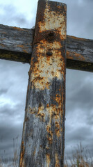 Fototapeta premium A worn old cross standing in a green field, suitable for rural or countryside themed projects