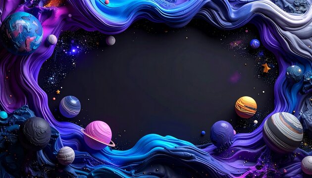 Colorful Clay Style Outer Space Frame with Planets and Copy Space Background