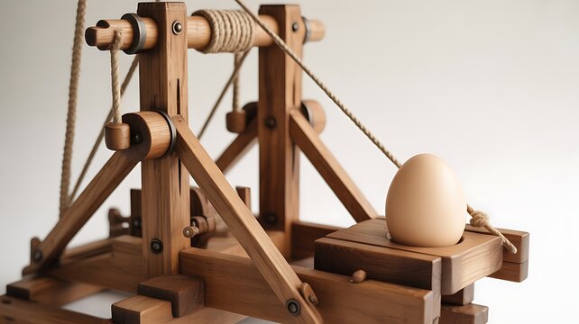 Isolated wooden ballista siege engine model with egg ammo ready to fire or catapult medieval weapon