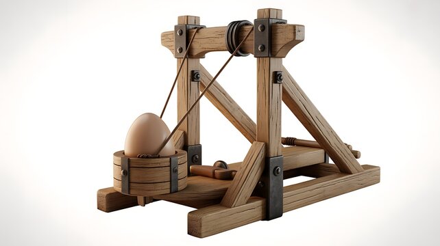 Isolated wooden ballista siege engine model with egg ammo ready to fire or catapult medieval weapon