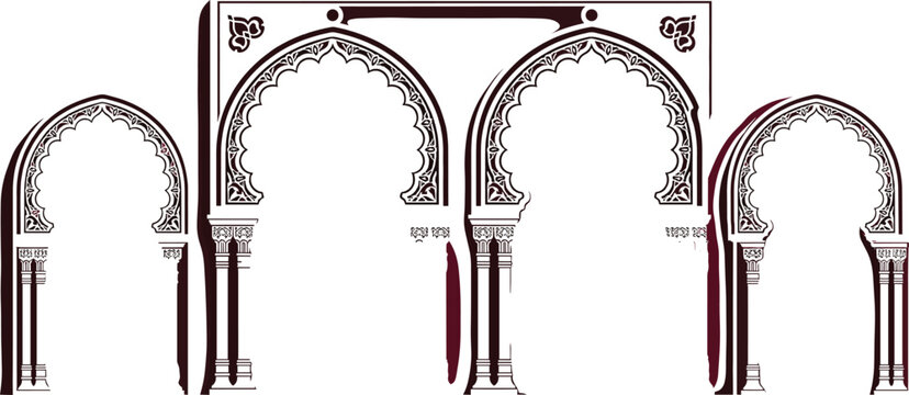 Islamic arch silhouette set with moorish architecture windows and arabic floral patterns in black vector style