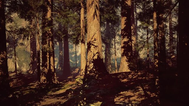 Ancient tree trunk texture with deep grooves, intense bark detail, warm low light accentuating ridges, forest litter, tactile natural pattern study.