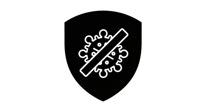 A black shield icon with a white virus symbol crossed out, representing protection against viruses and malware in a modern, flat design style.