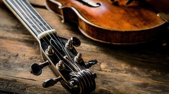 bluegrass. Close-up of a banjo headstock with an old fiddle on rustic wood. event programs, museum guides, designed for cultural heritage projects and event programs, preserves heritage.