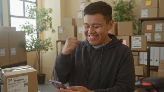 Man holding smartphone and tapping screen in building office with delivery parcels; small business joy.