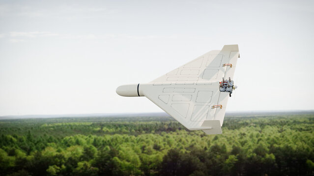Shahed Drone Flying Over Forest Landscape &ndash; Side View UAV Above Trees, Military Unmanned Aircraft, Cinematic 3D Render