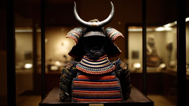 feudal. Ornate samurai armor with a horned helmet displayed in a museum case, vibrant colors. event programs, museum guides, designed for cultural heritage projects and event programs.