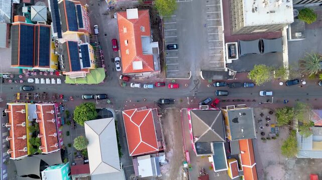 Top down aerial of Pietermaai World Heritage Buildings in Willemstad city