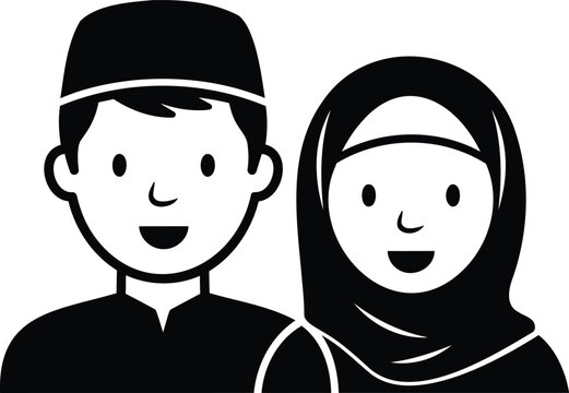 Muslim couple illustration with man wearing skullcap and woman in hijab vector, portrait.