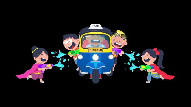 4K Children are playing in Songkran water festival on Alpha Background. Cartoon animation
