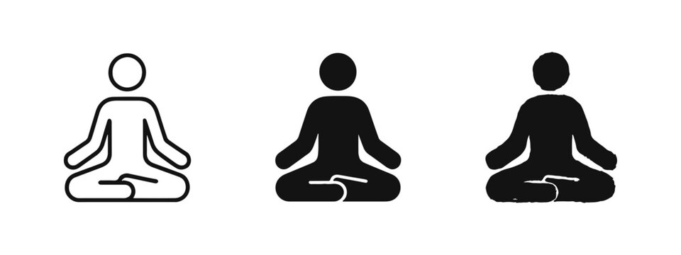 Meditation icon set. Person in lotus pose practicing mindfulness in outline, solid, and hand-drawn doodle style.