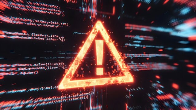 Digital system error and data breach warning notification. Software bug and cybersecurity risk concept. Glowing exclamation icon floating over pixelated programming code