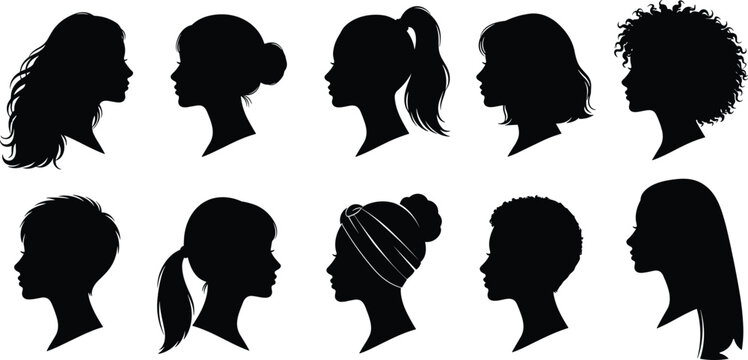 Large collection of female head profile silhouettes featuring diverse hairstyles including long wavy hair ponytail hair bun short pixie cut and curly hair isolated on white background vector