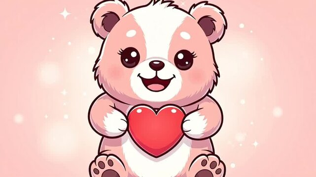 Cute cartoon panda bear holding red heart on pink background