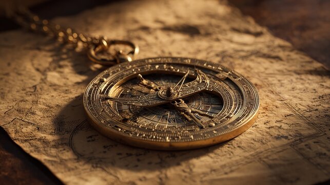 astrolabe. Ancient brass astrolabe resting on aged parchment with warm golden lighting. event programs, museum guides, designed for cultural heritage projects and event programs.