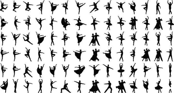 Large silhouette collection of ballet dancers and ballroom dance couples featuring elegant poses jumps spins and rhythmic movements for performance and artistic concepts isolated