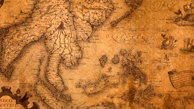 Vintage map of Asia showing historical territories and early cartographic representation