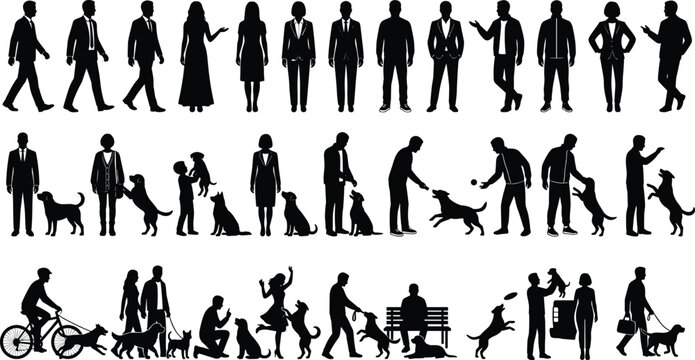 Large silhouette collection of people and pets featuring professional business individuals walking and standing alongside owners playing with training and walking their dogs isolated