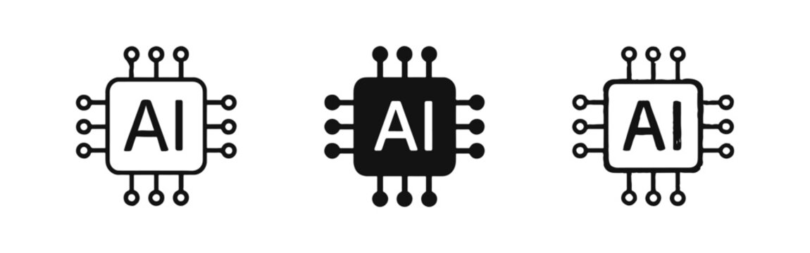 Artificial intelligence (AI) chip icon set. Processor or CPU symbol in outline, solid, and hand-drawn doodle style.