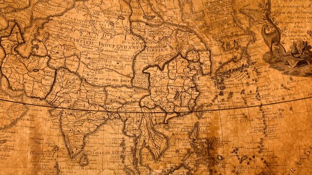 Antique cartographic map Asia continent detailed historical geographic illustration