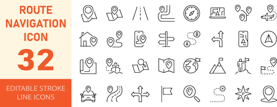 Editable route navigation icons for travel and location tracking apps