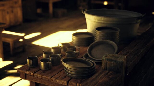 Handmade clay bowls on wooden table, Namibian market stall atmosphere with warm sunlight, stacked plates and cups, dusty textures, rich shadows, artisan display