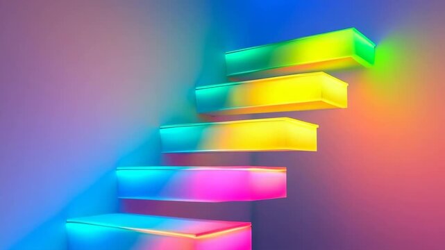 Floating staircase illuminated with vibrant colors creates a modern and artistic focal point in a contemporary interior