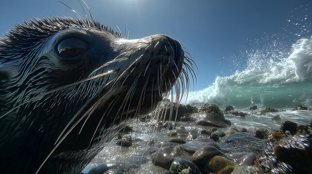 Sea lion resting on wet rocks.