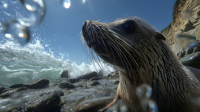Sea lion resting on wet rocks.