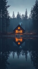 Fototapeta premium A secluded cottage by a forest lake, with its reflection in the water, is ideal as a backdrop for meditation apps or book covers featuring nature.