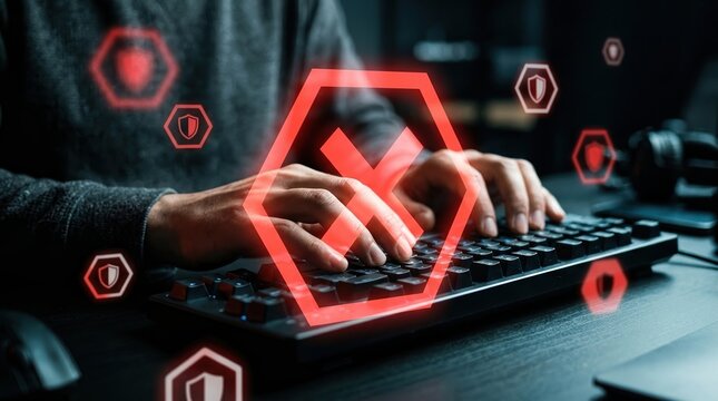 cyber security, hacking, data breach, security failure, online threat, hacker, red warning icon representing digital system attack or failed protection on a computer keyboard.