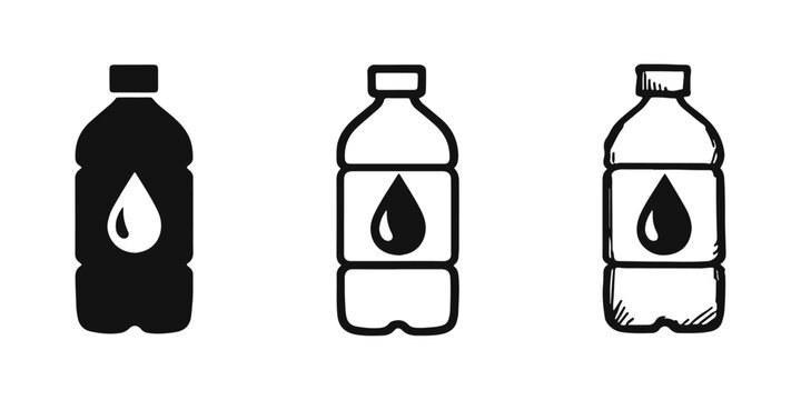 Water bottle icon set with water drop symbol, depicting hydration and healthy lifestyle in three styles.