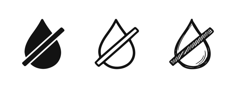 No water or water-free zone icon set, crossed out water drop symbolizing drought or prohibition.