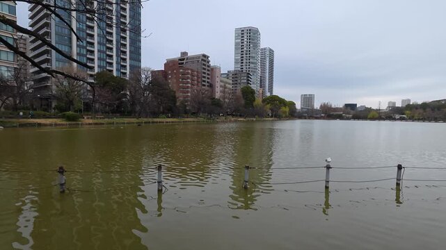 Shinobazu Pond with Tokyo Skyline and Pedal Boats in Ueno Park Japan