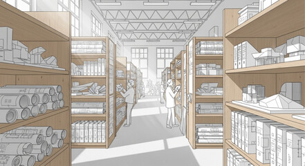 Interior view of a library with bookshelves filled with books. © ganis