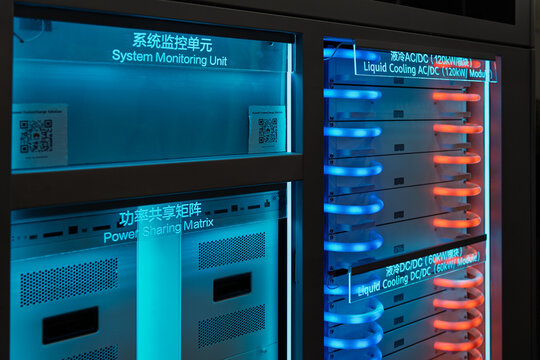 Liquid cooling system for AC/DC and DC/DC power modules in server rack, high power 120kW and 60kW energy management units with illuminated blue inlet and orange outlet pipes