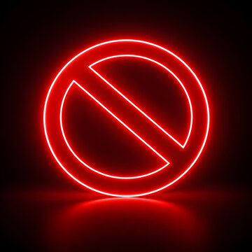 Glowing Red Neon Prohibition Sign on Dark Background &ndash; No Symbol, Warning Icon, Cyberpunk Style